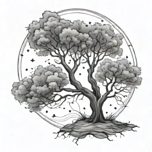 gemini and leo constellations in a night sky above two intertwined trees tattoo design idea