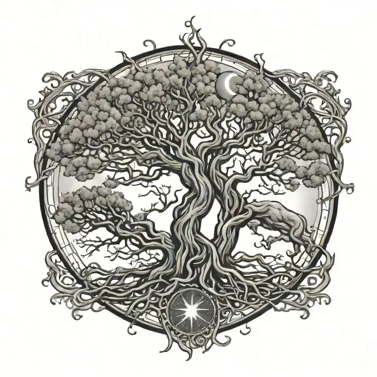 left tree (man) and right tree (woman) roots and branches intertwined. sun on right, moon on left, gemini leo zodiac  tattoo design idea