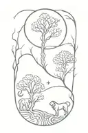 two separate trees, branches and roots growing together, sun, moon, leo and gemini zodiac signs, male and female lions tattoo design idea