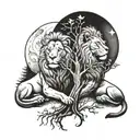 two trees merging together under the sun and the moon, male and female lion laying together at the base tattoo design idea