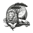 two trees merging together under the sun and the moon, male and female lion laying together at the base tattoo design idea