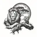 two trees merging together under the sun and the moon, male and female lion laying together at the base tattoo design idea