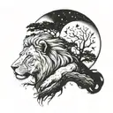 two trees merging together under the sun and the moon, male and female lion laying together at the base tattoo design idea