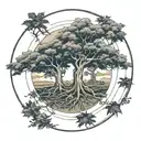 2 separated maple trees, inside a circle. each tree has 2 smaller ones growing from their roots  tattoo design idea