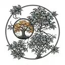 2 separated maple trees, inside a circle. each tree has 2 smaller ones growing from their roots  tattoo design idea