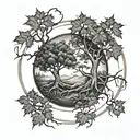 2 separated maple trees, inside a circle. each tree has 2 smaller ones growing from their roots  tattoo design idea