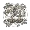 2 separated maple trees, inside a circle. each tree has 2 smaller ones growing from their roots  tattoo design idea