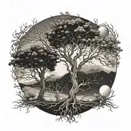 2 separate trees with roots and branches intertwined. sun on right, moon on left, gemini leo zodiac  tattoo design idea