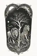 two separate trees, branches and roots growing together, sun, moon, leo and gemini zodiac signs, male and female lions tattoo design idea