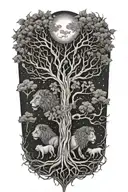 two separate trees, branches and roots growing together, sun, moon, leo and gemini zodiac signs, male and female lions tattoo design idea