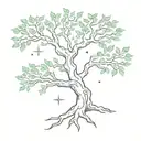 A sketch style tattoo of a tree with Gemini and Leo zodiac symbols incorporated into the branches, representing growth and strength in relationships tattoo design idea
