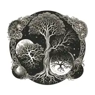 2 separate trees with roots and branches intertwined. sun and moon, gemini and leo start charts tattoo design idea