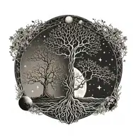 2 separate trees with roots and branches intertwined. sun and moon, gemini and leo start charts tattoo design idea