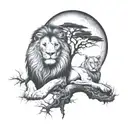 two trees merging together under the sun and the moon, male and female lion laying together at the base tattoo design idea