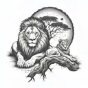 two trees merging together under the sun and the moon, male and female lion laying together at the base tattoo design idea