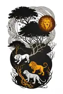 two separate trees, branches and roots growing together, sun, moon, leo and gemini zodiac signs, male and female lions tattoo design idea