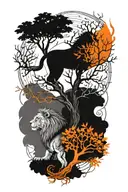 two separate trees, branches and roots growing together, sun, moon, leo and gemini zodiac signs, male and female lions tattoo design idea