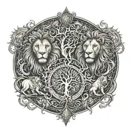 two separate trees, branches and roots growing together, sun, moon, leo and gemini zodiac symbols, male and female lion tattoo design idea