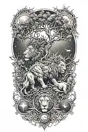 two separate trees, branches and roots growing together, sun, moon, leo and gemini zodiac symbols, male and female lion tattoo design idea