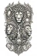 two separate trees, branches and roots growing together, sun, moon, leo and gemini zodiac symbols, male and female lion tattoo design idea