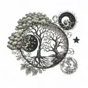 trees embracing, sun moon, yin yang, gemini leo tattoo design idea