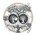 trees embracing, sun moon, yin yang, gemini leo tattoo design idea
