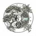 trees embracing, sun moon, yin yang, gemini leo tattoo design idea