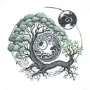 trees embracing, sun moon, yin yang, gemini leo tattoo design idea