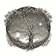 left tree (man) and right tree (woman) roots and branches intertwined. sun on right, moon on left, gemini leo zodiac  tattoo design idea