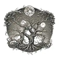 left tree (man) and right tree (woman) roots and branches intertwined. sun on right, moon on left, gemini leo zodiac  tattoo design idea