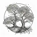gemini and leo constellations in a night sky above two intertwined trees tattoo design idea