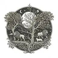 2 separate trees with roots and branches intertwined. sun on right, moon on left, twin male and female lions tattoo design idea
