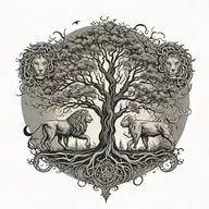 2 separate trees with roots and branches intertwined. sun on right, moon on left, twin male and female lions tattoo design idea