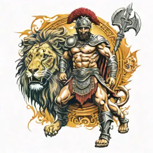Gladiator in front of a crowned lion tattoo design idea