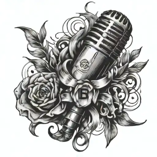 Create a forearm tattoo of a microphone intertwined with 4KT initials and music notes tattoo design idea
