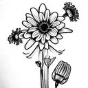 A tattoo sketch of a bouquet of one chrysanthemum, two violets, one delphinium, one aster, and one lily tattoo design idea