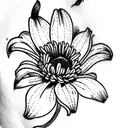 A tattoo sketch of a bouquet of one chrysanthemum, two violets, one delphinium, one aster, and one lily tattoo design idea