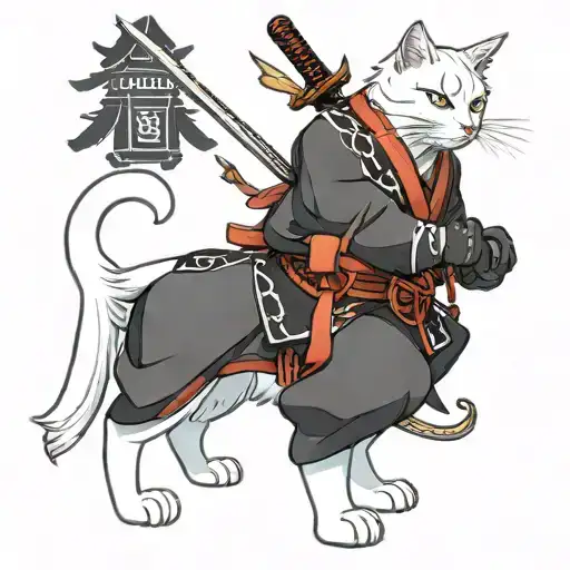 samurai obeys white cat tattoo design idea