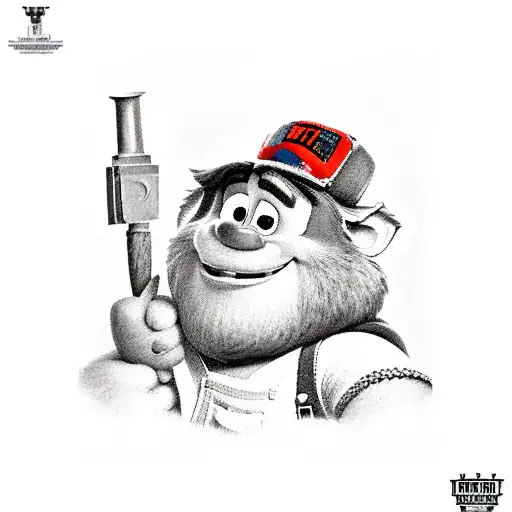 Wreck it Ralph dressed as fix it felix with hammer in hand and arms in air tattoo design idea