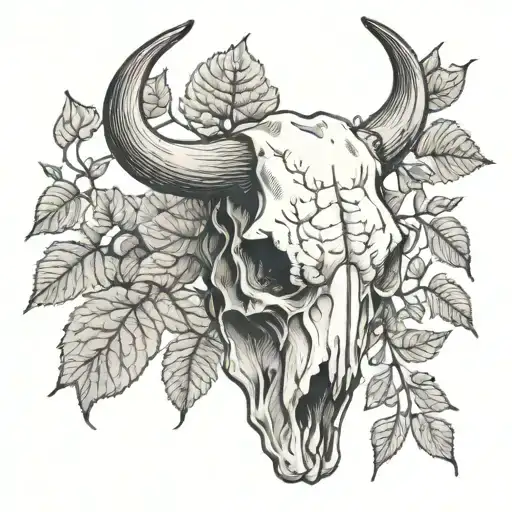bull skull surrounded by fig leaves and hyssop branches tattoo design idea