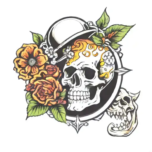 gaming pc with skull and flowers growing tattoo design idea