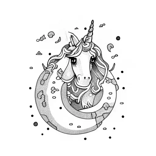 unicorn eating dumpling and donut tattoo design idea
