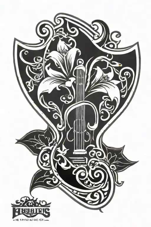heraldic lily flower in a guitar pick surrounded tattoo design idea
