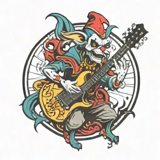 jester dressed like a rockstar playing guitar tattoo design idea