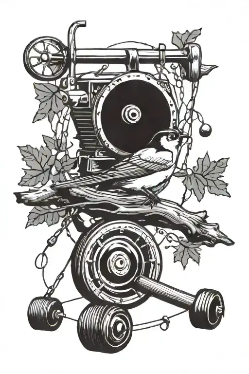 an oak tree a swallow a tractor wheel a fishing rod tattoo design idea