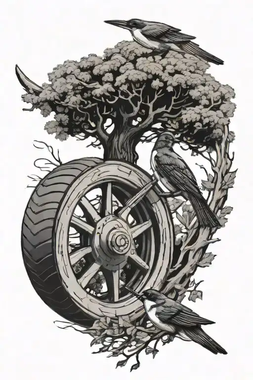 A large tractor wheel against a large oak tree with a fishing rod, and a swallow on the branch tattoo design idea