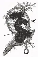 A large tractor wheel against a large oak tree with a fishing rod against the trunk a swallow on the branch tattoo design idea