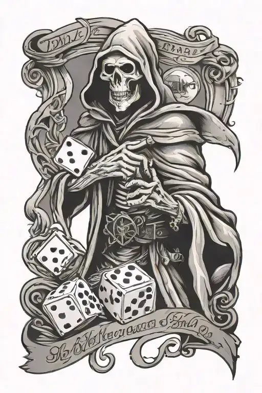 rolling dice with banner for  memory of my deceased dad with grim reaper  tattoo design idea