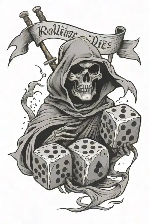 rolling dice with banner memory of my deceased dad with grim reaper  tattoo design idea