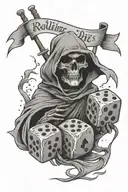rolling dice with banner memory of my deceased dad with grim reaper  tattoo design idea